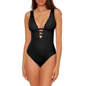 BECCA Frills Plunge One Piece Swimsuit Black Tie Back Size Medium